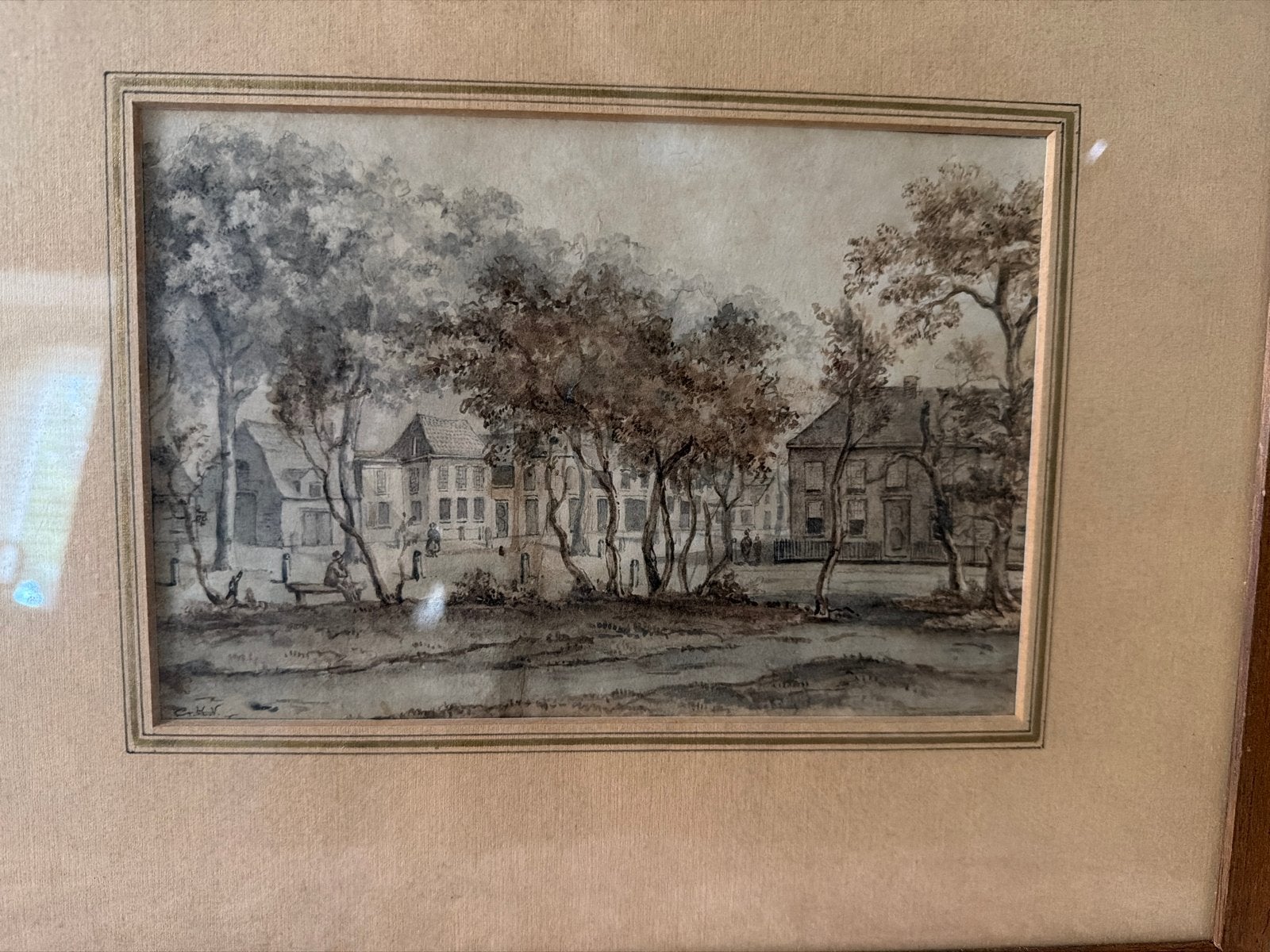 Antieke Sepiatekening 'De Koekamp te Haarlem' - 18e Eeuw, Antiek en Kunst, Ophalen, Tekening, Overige technieken, Gesigneerd