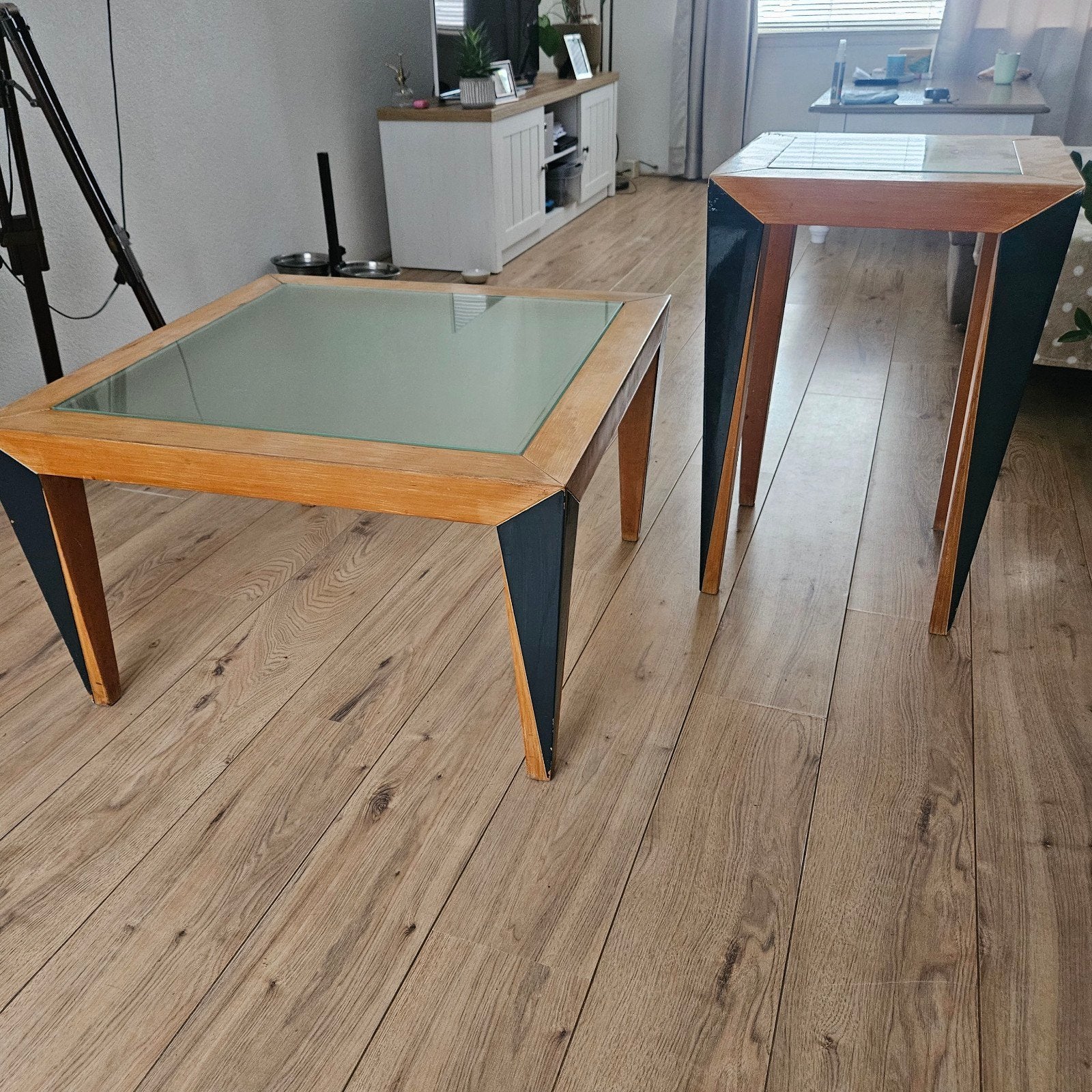 Salontafel en bijzettafel met glazen blad, Ophalen, Gebruikt, 50 tot 100 cm, Vierkant
