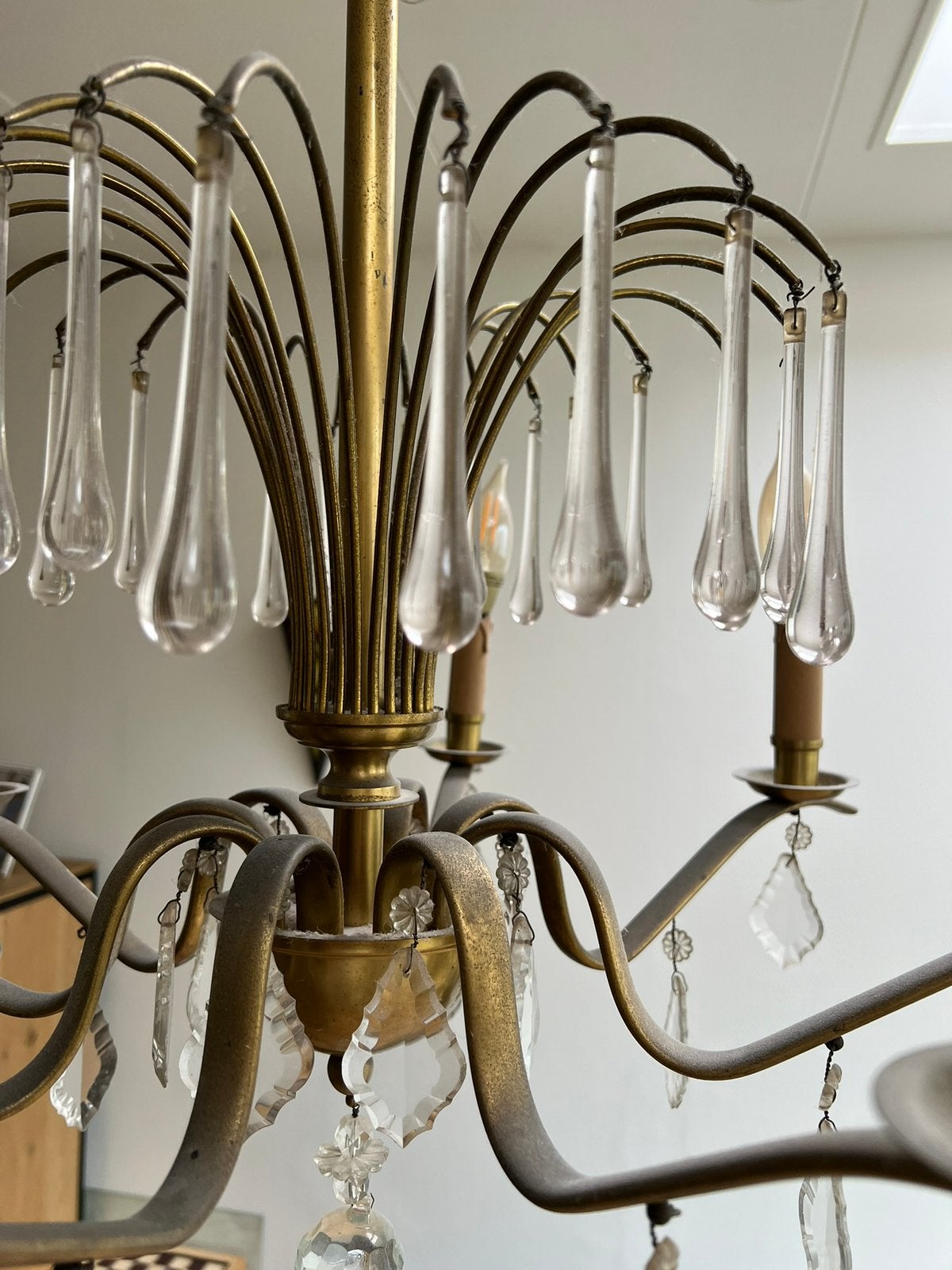 Mooie kroonluchter van grachtenpand oud amsterdam, E14 (klein), Ophalen of Verzenden, Zo goed als nieuw, Glas
