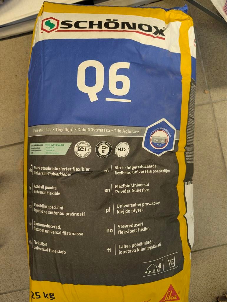 Schonox Q6 tegellijm - 25 kg + aangebroken zak, Ophalen, Overige typen, Minder dan 20 cm, 10 m² of meer