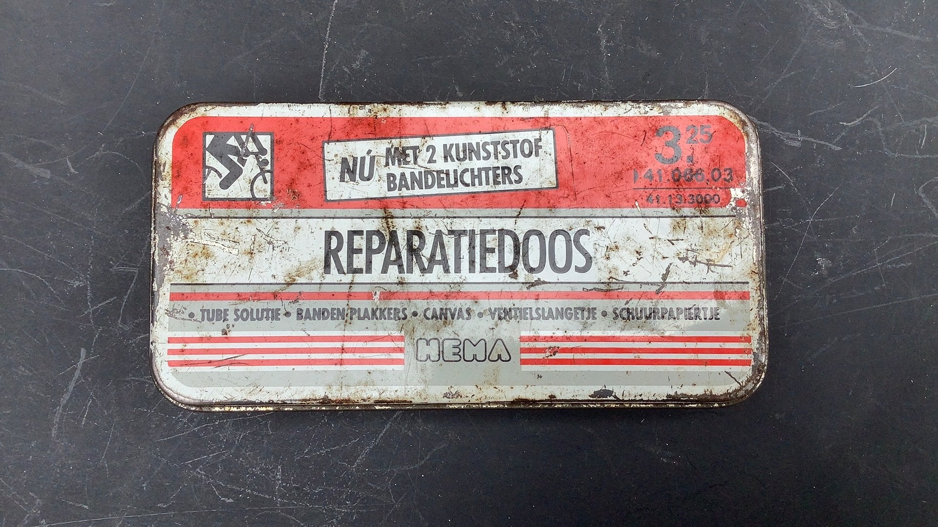 Oud vintage reparatiedoos blikje van de HEMA voorverzamelaar, Verzamelen, Blikken, Ophalen, Gebruikt, Overige