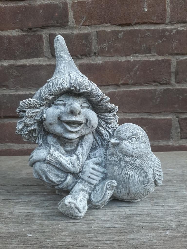 Elfje met vogel betonnen beeld tuinbeeld beton, Tuin en Terras, Tuinbeelden, Ophalen of Verzenden