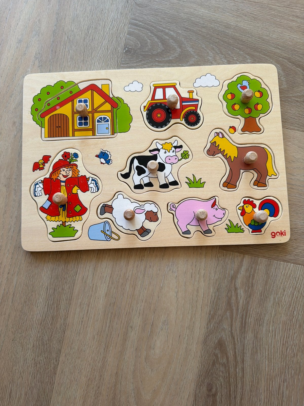 Goki Houten Boerderij Puzzel met Dieren en Tractor, 2 tot 4 jaar, Gebruikt, Ophalen of Verzenden, Van hout