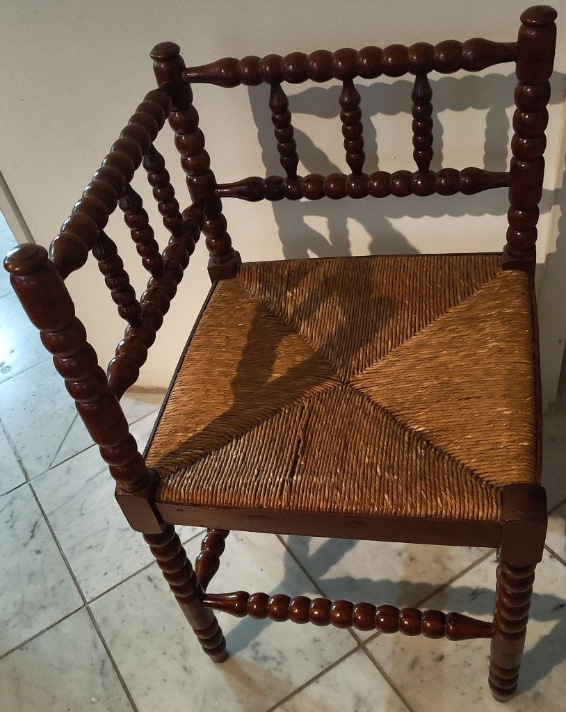 vintage antiek hoekstoeltje bobbin corner chair riet zitting, Antiek en Kunst, Antiek | Meubels | Stoelen en Banken, Ophalen of Verzenden