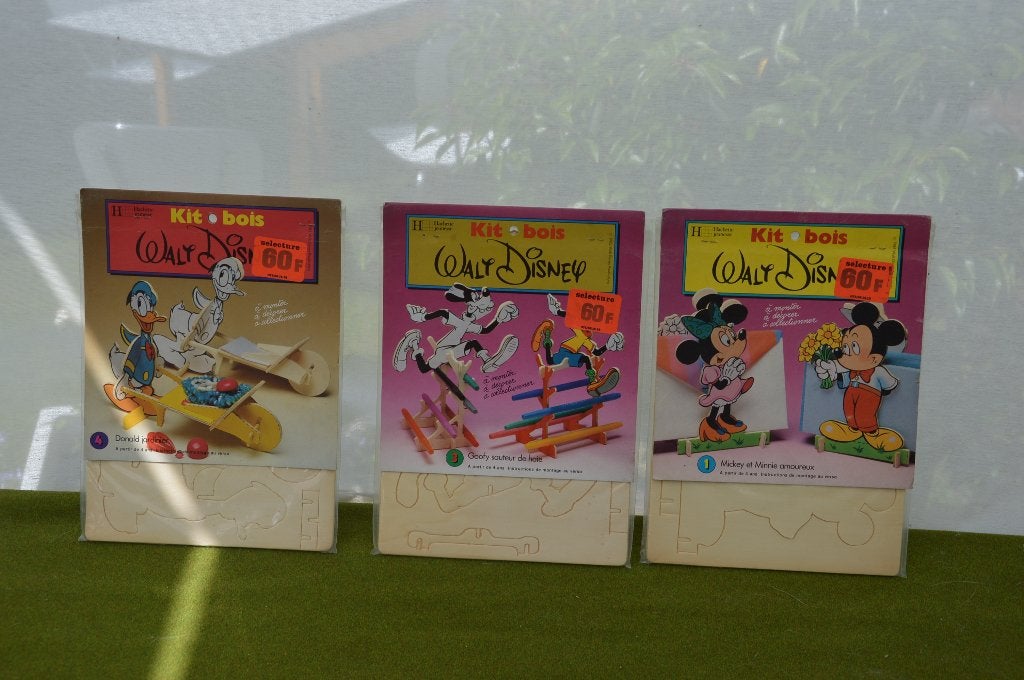 3 vintage houten bouwmodellen van Disney 1985, Donald, Micke, Verzamelen, Ophalen of Verzenden, Donald Duck, Zo goed als nieuw