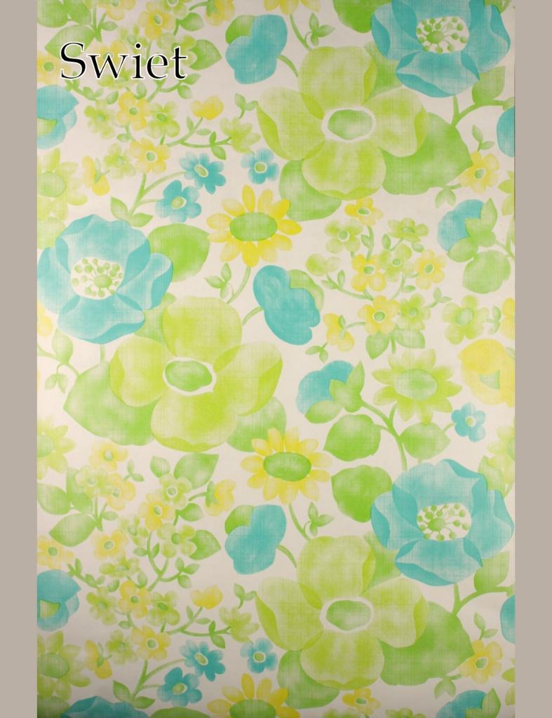 3512 fris bloemenbehang groen turquoise geel 70s retro swiet, Ophalen of Verzenden, 50 tot 75 m², Geel