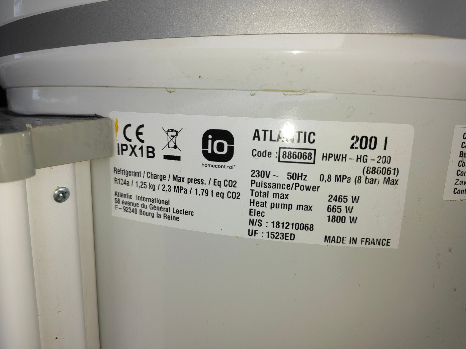 Warmtepompboiler Atlantic 200L 2017, Ophalen, Gebruikt, Overige typen, 60 tot 150 cm