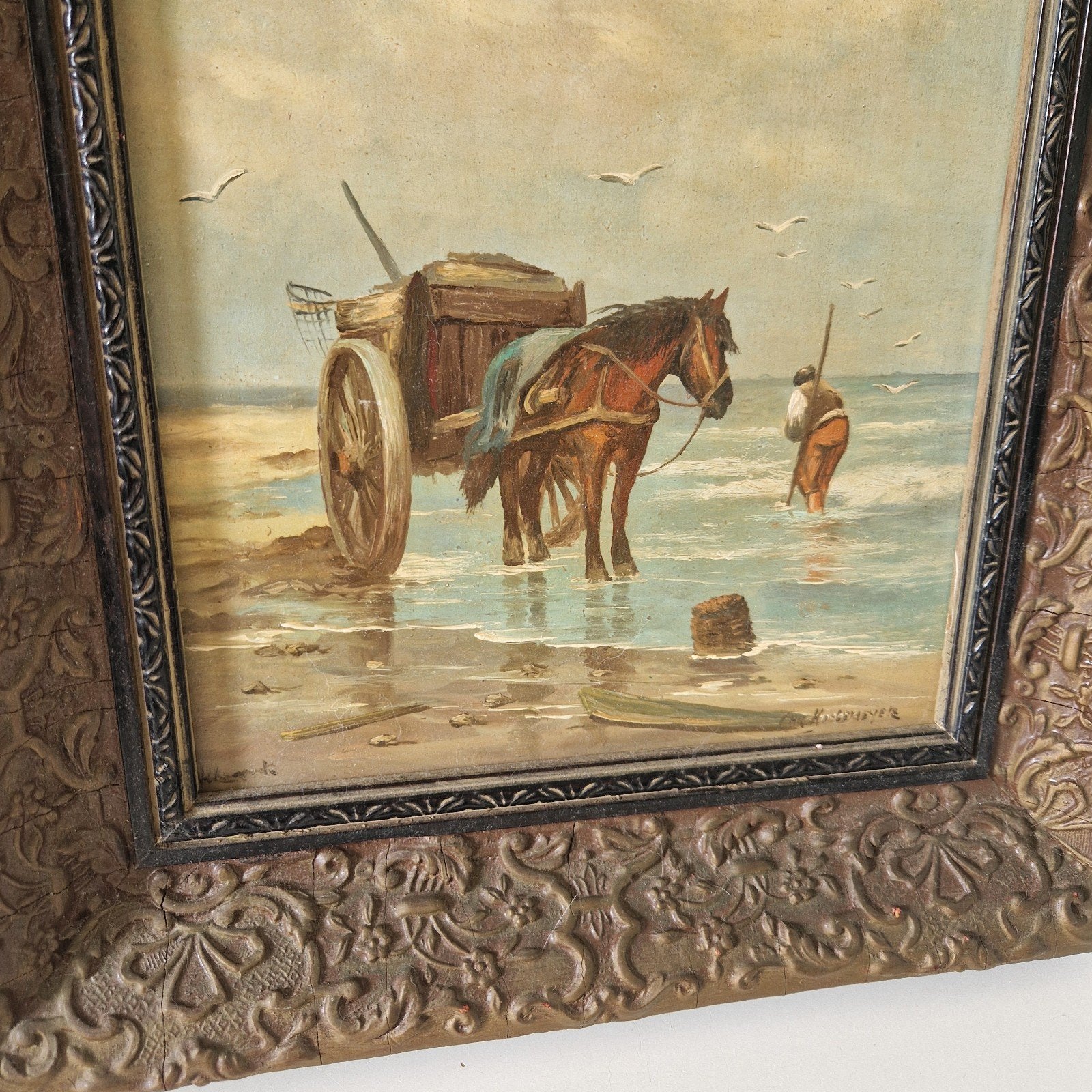 Antiek schilderij paneel in gouden lijst landschap zee, Antiek en Kunst, Paneel, Ophalen of Verzenden, Landschap, Klassiek