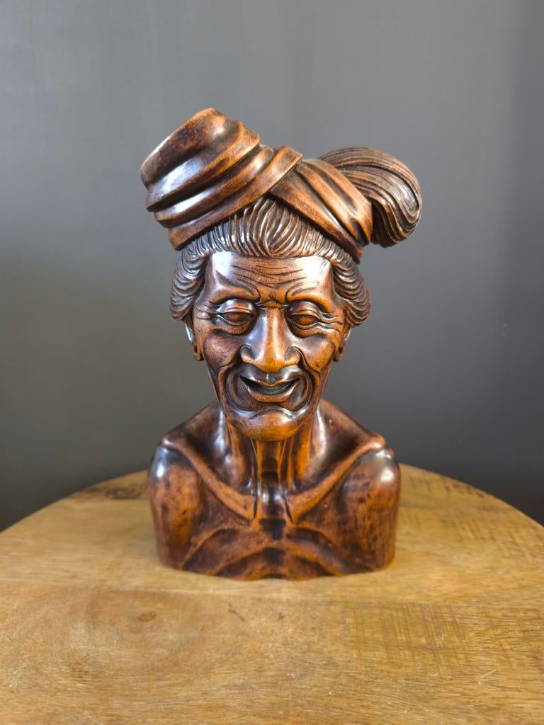 Indonesische Houtsnijwerk Buste Oude Man - 26 cm, Antiek en Kunst, Ophalen of Verzenden