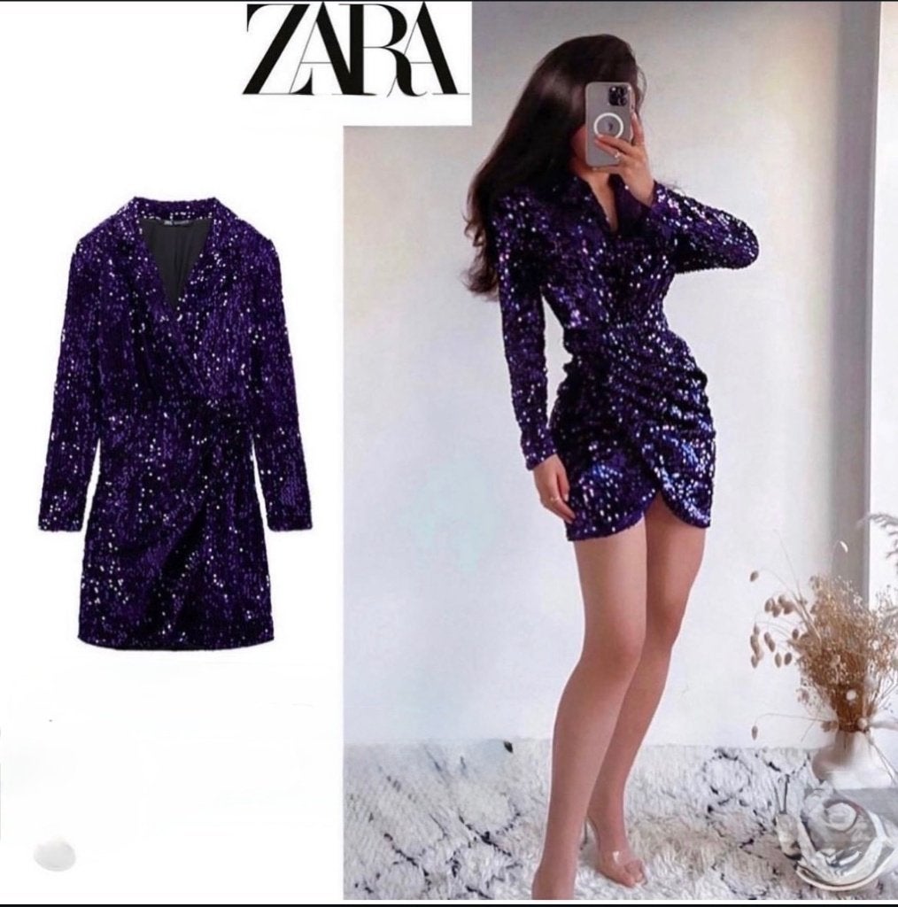 Zara gala jurk pailetten sequin jurk maat 34/XS, Galajurk, Zara, Paars, Ophalen of Verzenden