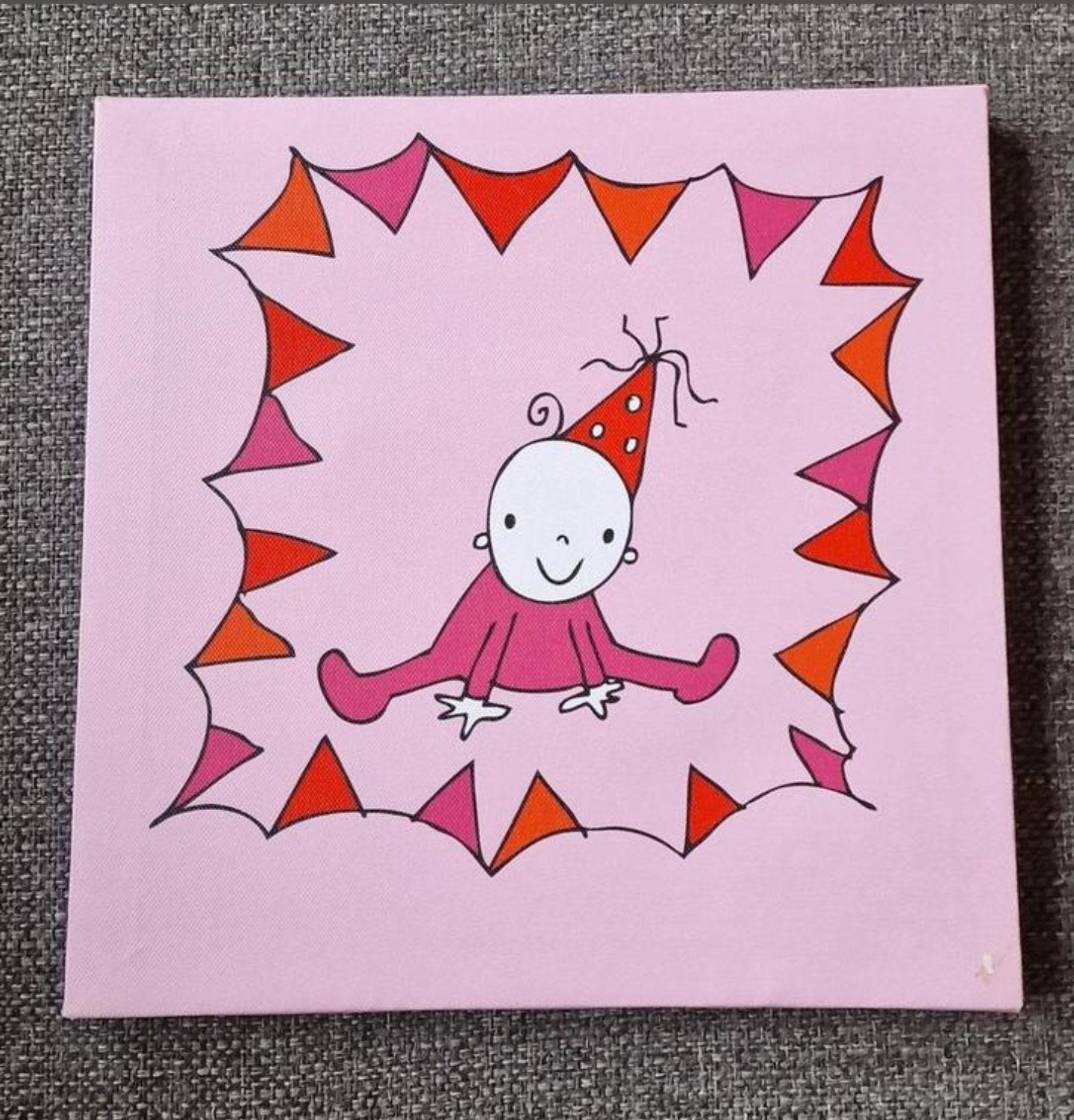 Leuk roze schilderij met baby en vlaggetjes, Ophalen, Zo goed als nieuw, Wanddecoratie