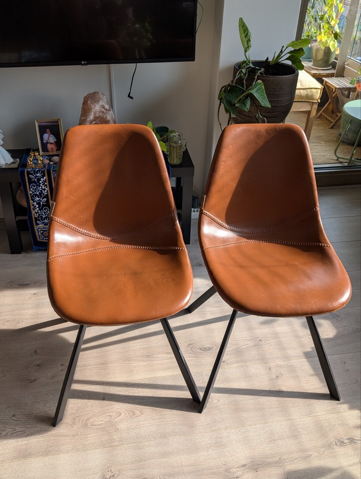 2 set Dutchbone Cognac Leer eettafel stoelen, Ophalen, Twee, Zo goed als nieuw, Leer