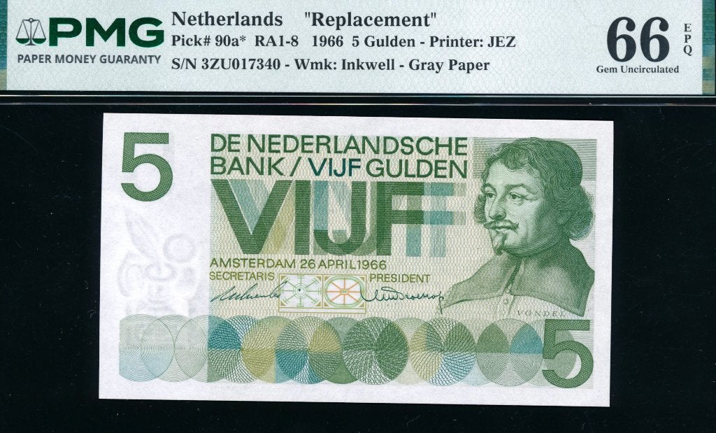 UNC: PMG 66 EPQ - 5 Gulden 1966 ‘Vondel I’ - 3ZU017340, Ophalen of Verzenden, 5 gulden, Los biljet