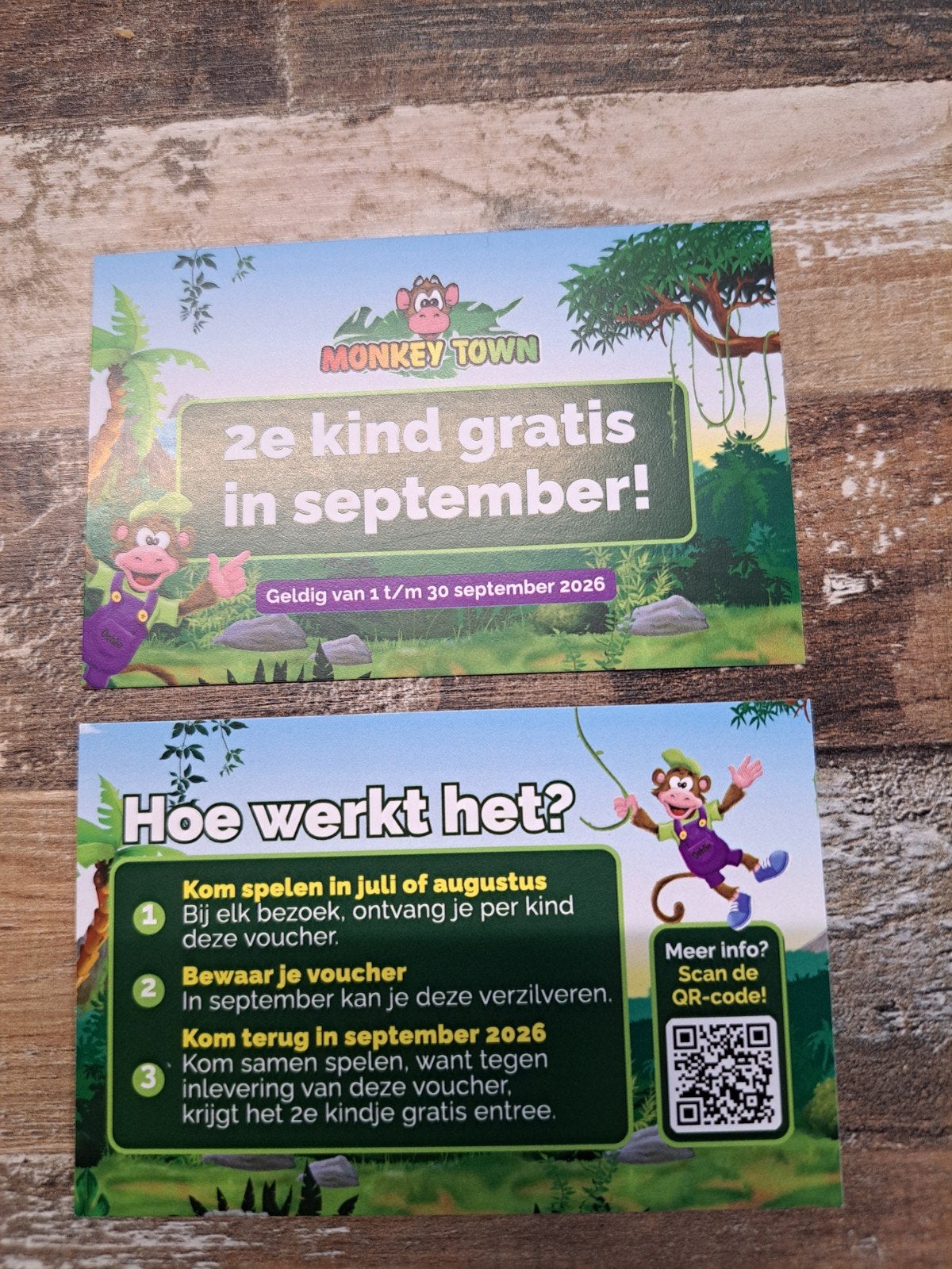 Te koop 2 kaartjes voor gratis entree Monkey Town 2e kind