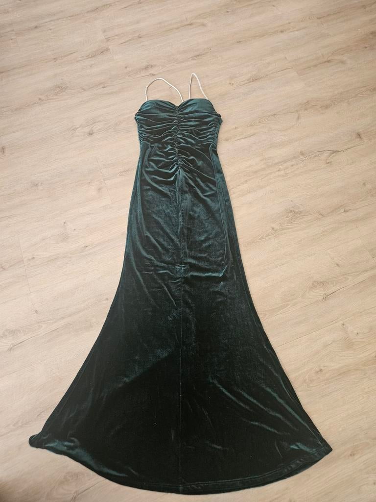 Donkergroene galajurk met strass bandjes - Eva & Lol, Kleding | Dames, Maat 38/40 (M), Ophalen of Verzenden, Zo goed als nieuw