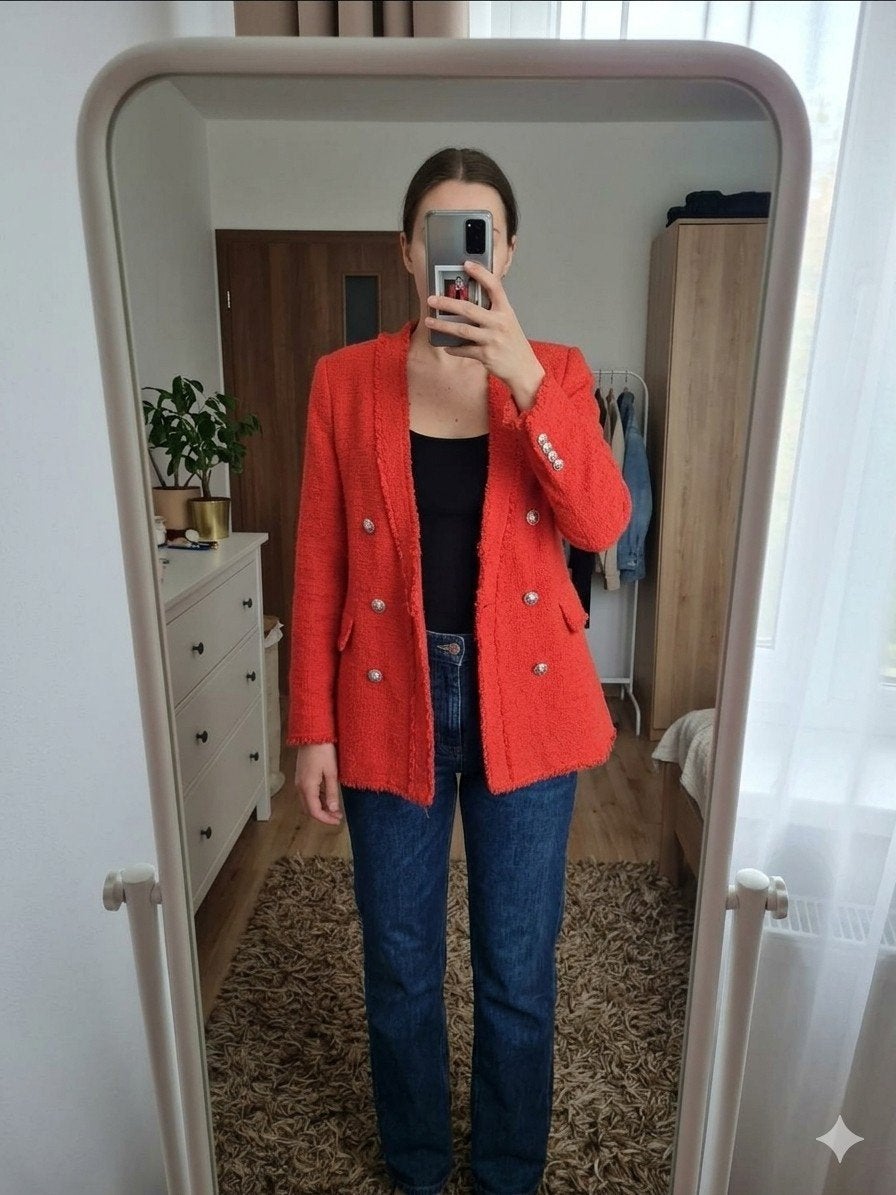 Zara Rood Tweed Jasje - Maat XS, Ophalen, Zara, Zo goed als nieuw, Maat 34 (XS) of kleiner