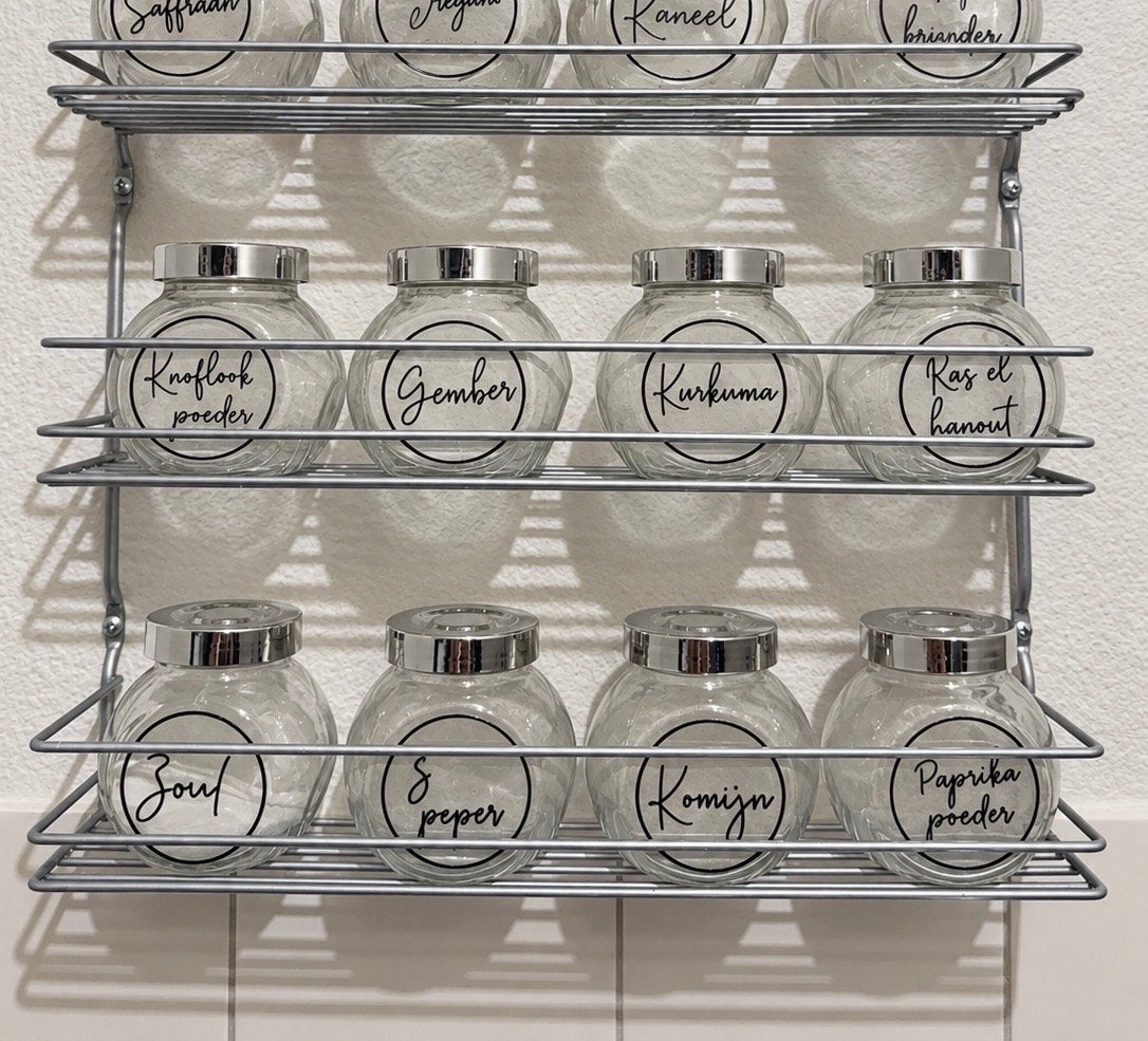 Kruidenrek met 12 potjes en kruidennamen stickers, Verzenden, Zilver, Metaal, Overige typen