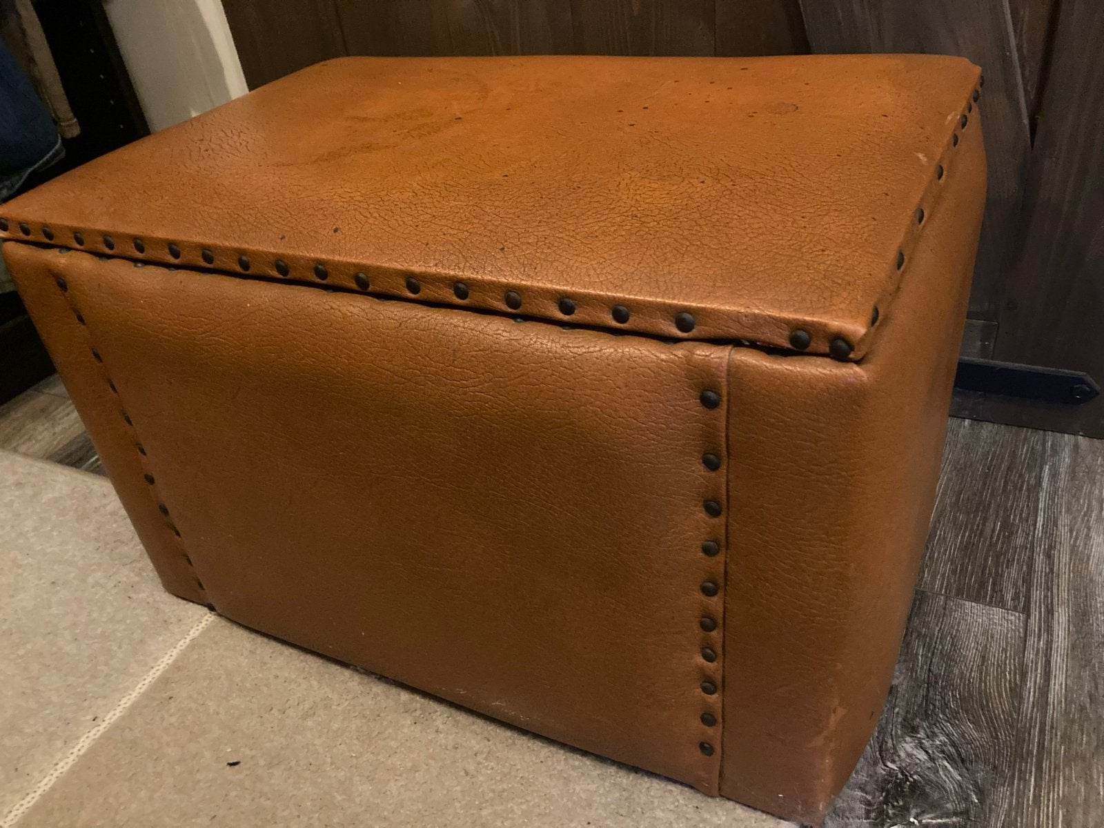 Vintage Opbergkist / Poef - Bruin Leerlook met Patroon, Ophalen