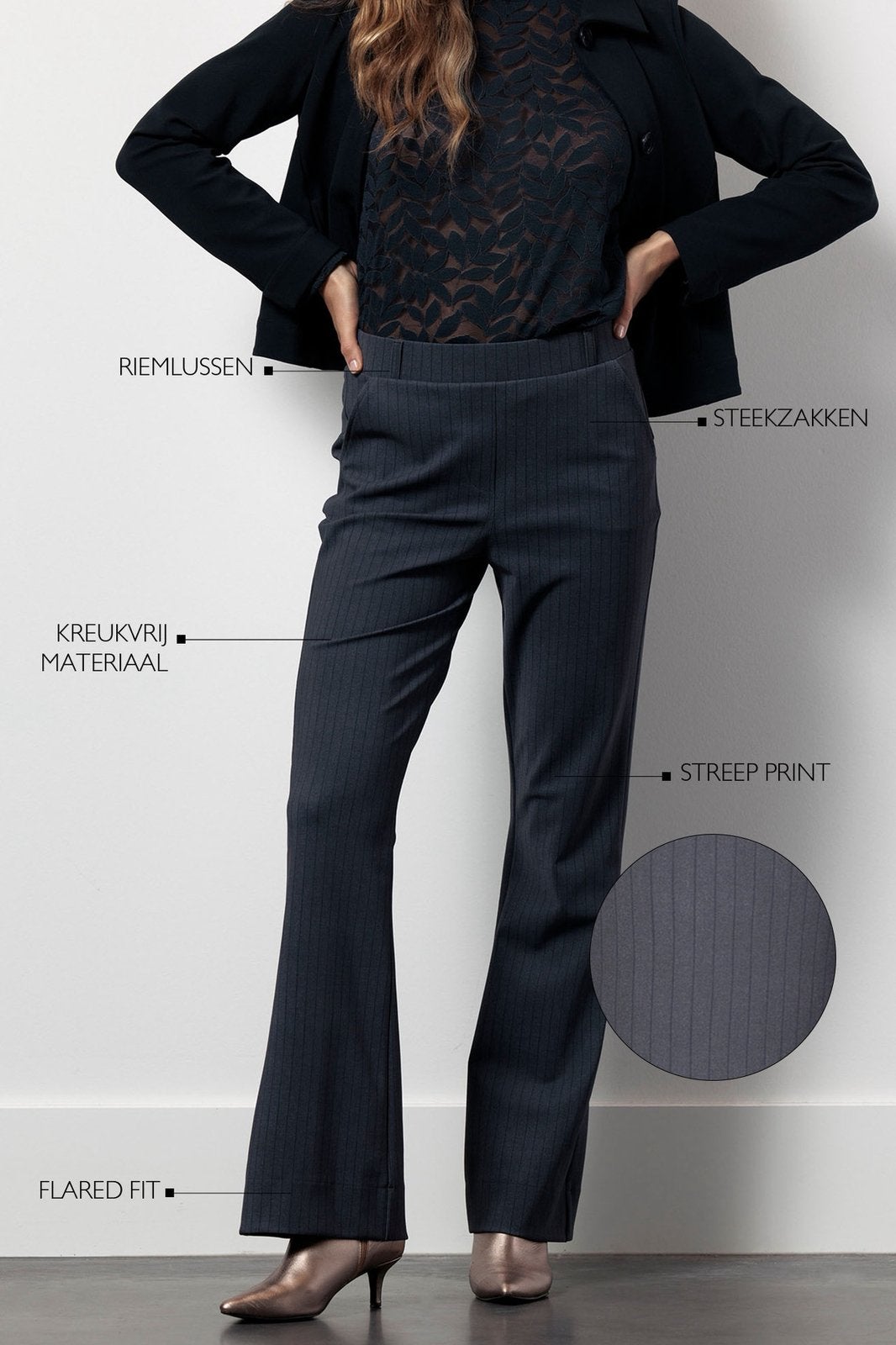 Studio Anneloes flared bonded pinstripe antraciet travel M, Maat 38/40 (M), Ophalen of Verzenden, Zo goed als nieuw, Grijs