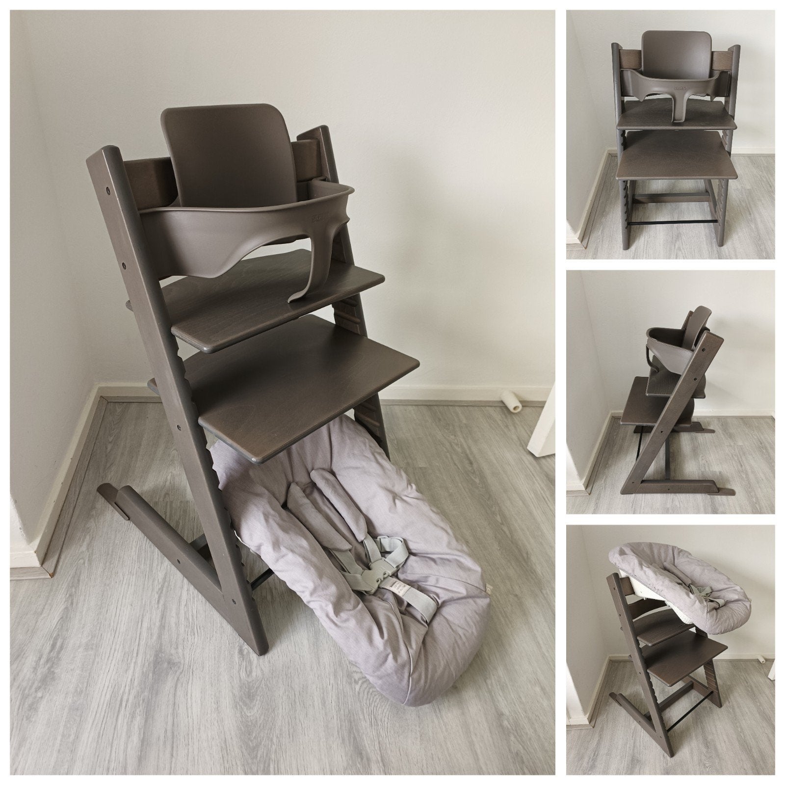 ZGAN! Stokke Tripp Trapp hazy grey+babyset,2 standen newborn, Meegroeistoel, Ophalen of Verzenden, Zo goed als nieuw, X