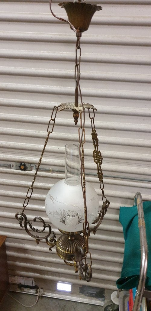 hanglamp messing glas elektrisch bewerkt, Huis en Inrichting, Lampen | Hanglampen, Ophalen of Verzenden, 'T Olde Gre-j, Info@toldegrej.nl