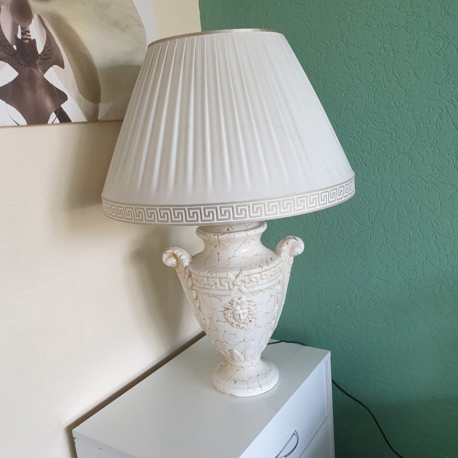Vintage Tafellamp met Griekse Details en Medusa Hoofd, Beige, Gebruikt, Overige merken, Textiel