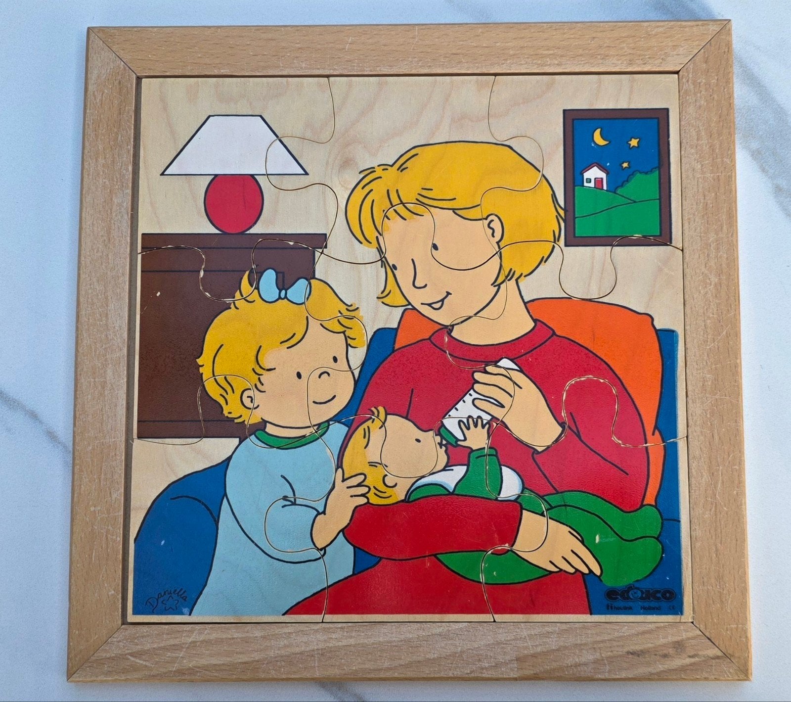 Houten puzzel moeder met kinderen, Educo, 9 stukjes, 2 tot 4 jaar, Gebruikt, Ophalen of Verzenden, Van hout