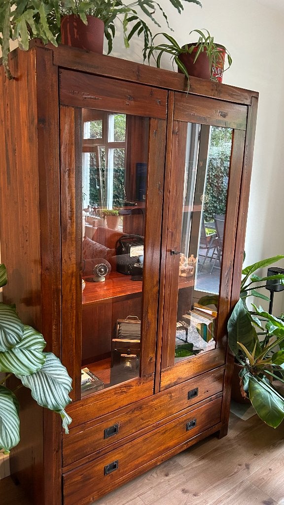 Vitrinekast Teak, Huis en Inrichting, Kasten | Vitrinekasten, Ophalen, Glas, Zo goed als nieuw, 150 tot 200 cm