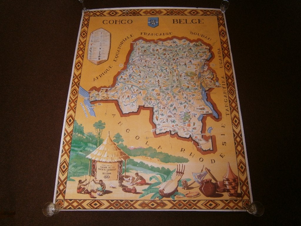 Antieke landkaart van Belgisch-Congo, Frans Laboulais, 1949, Ophalen of Verzenden, Kaart, Met kunstenaarsmerk