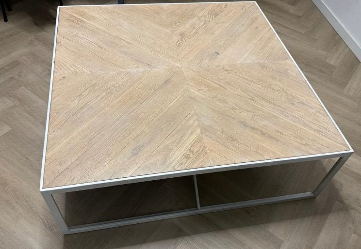 Massief eiken salontafel met stalen onderstel van ICCOON, Huis en Inrichting, Ophalen, 100 tot 150 cm, 50 tot 100 cm, Zo goed als nieuw