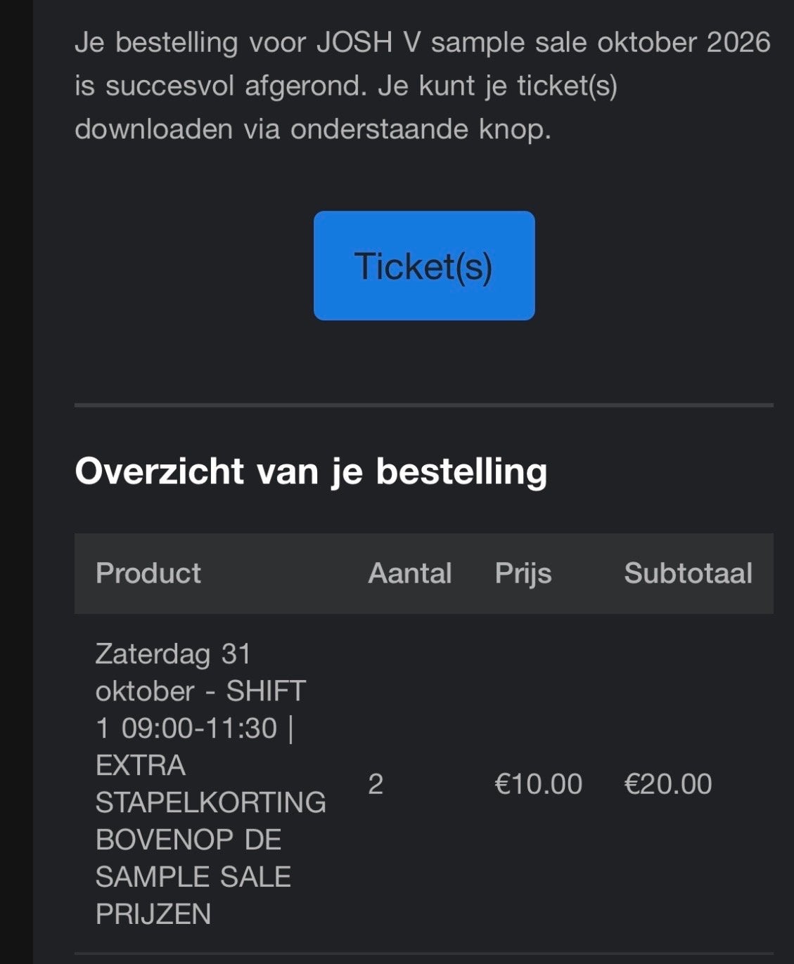 2 keer sample sale tickets voor josh v 31 okt, Tickets en Kaartjes, Twee personen