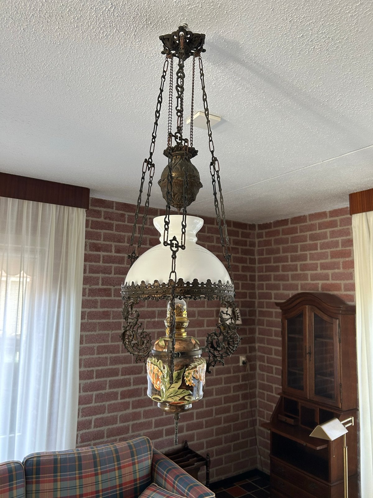 Antieke olielamp hanglamp met handgeschilderde details, Ophalen