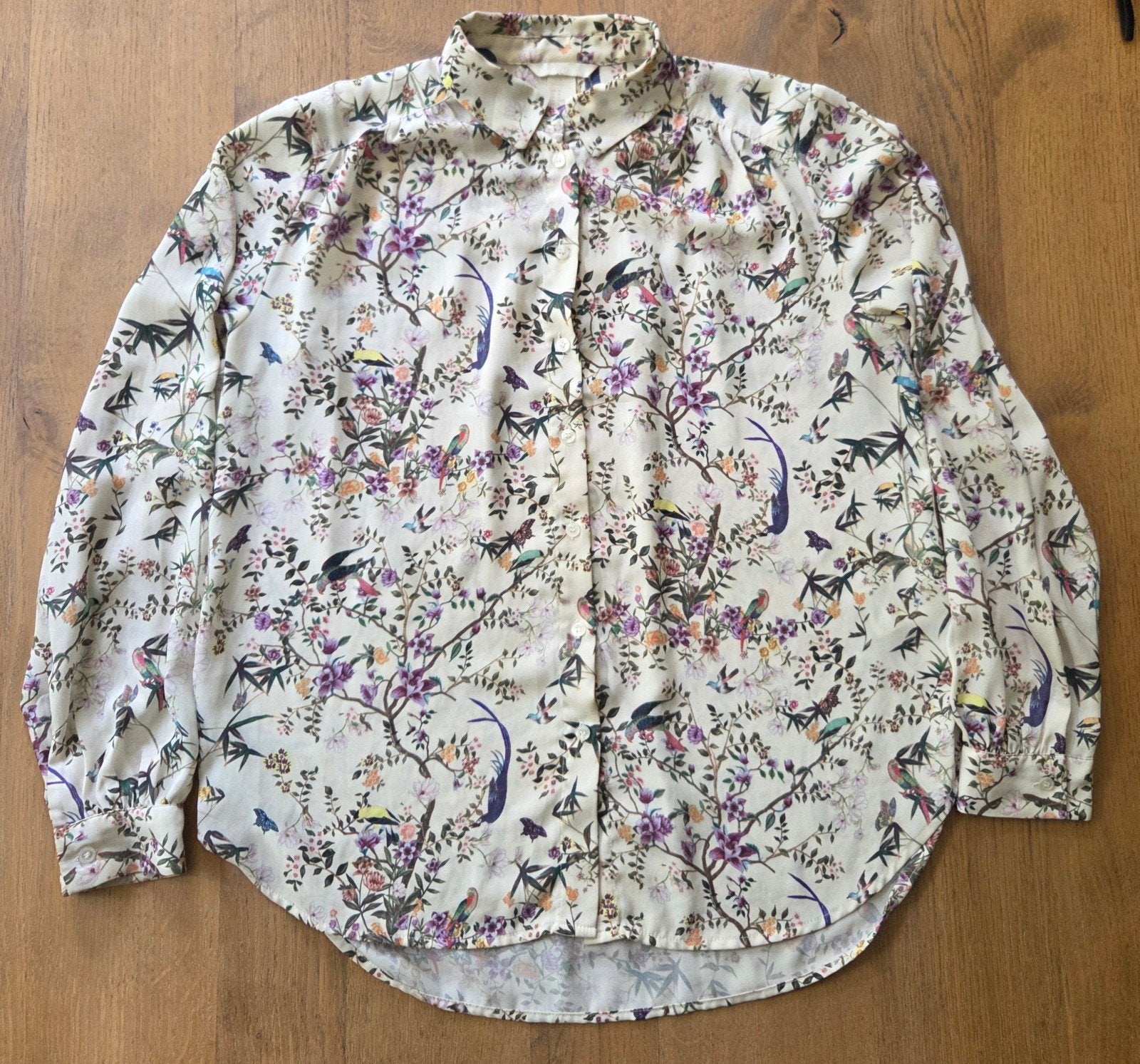 H&M Blouse met vogel- en bloemenprint, maat 36 (S), H&M, Beige, Ophalen of Verzenden, Zo goed als nieuw