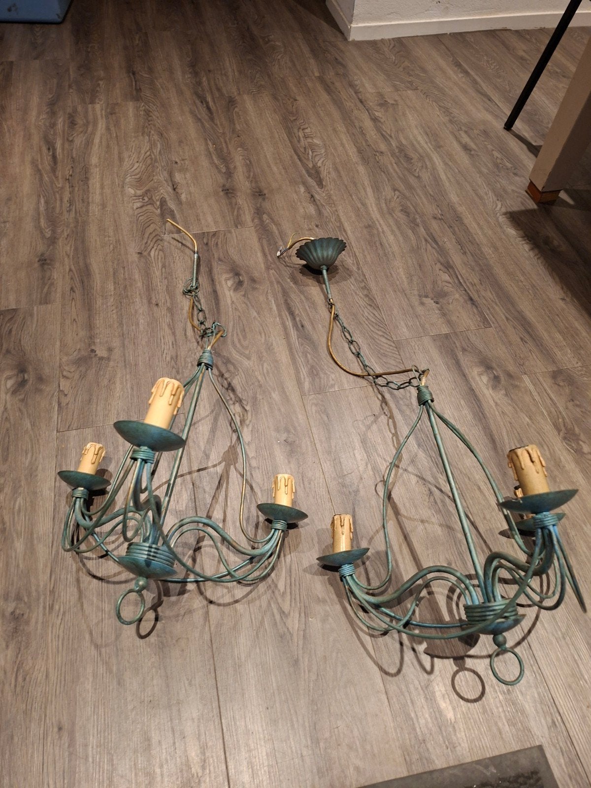 Set Vintage Kroonluchters – Teal / Patina Groen 2 stuks, Ophalen, Gebruikt, Metaal, E14 (klein)