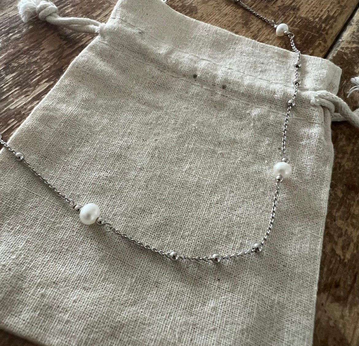 Zilveren 925 ketting met pareltjes 42cm, Verzenden, Zo goed als nieuw, Zilver
