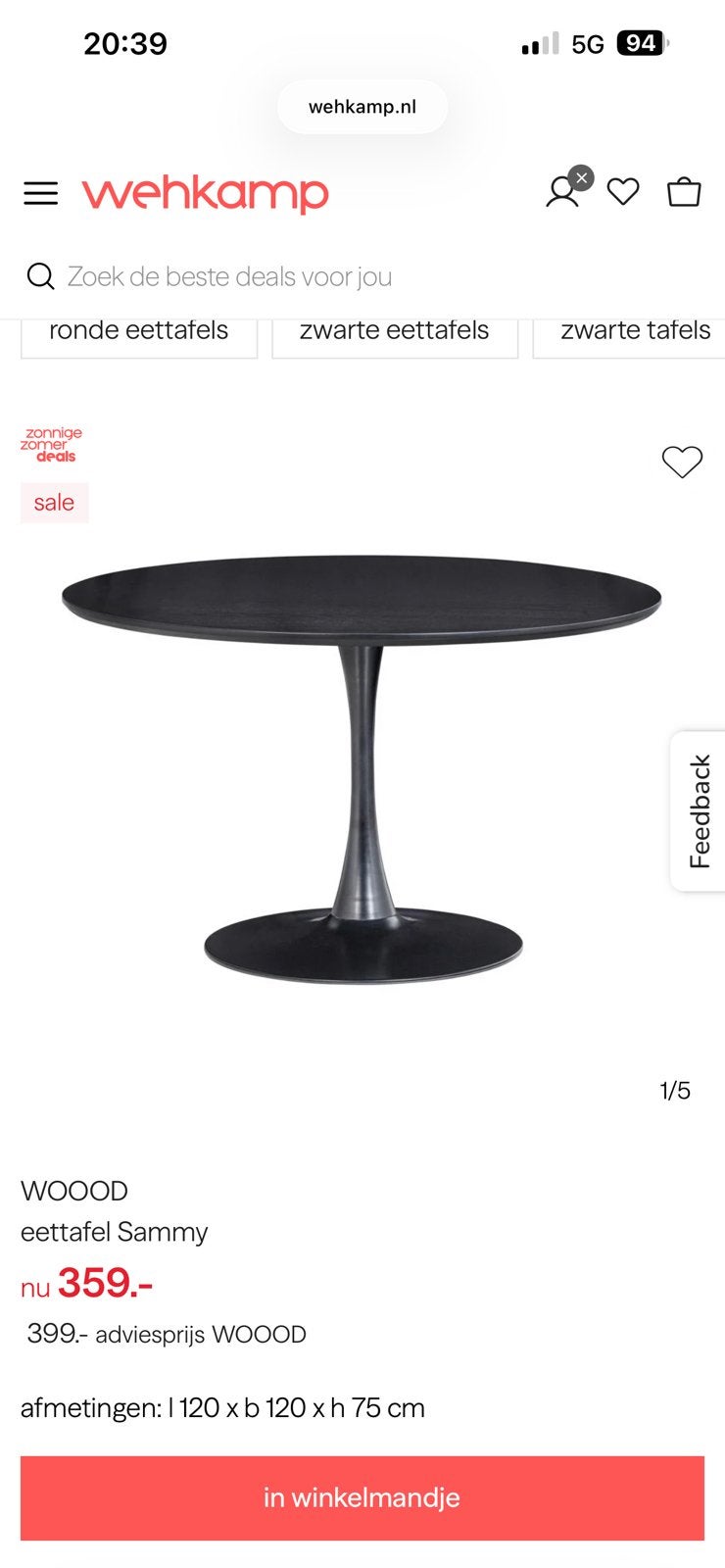Ronde eettafel WOOOD Sammy, Huis en Inrichting, Tafels | Eettafels, Ophalen, Gebruikt, Rond, 100 tot 150 cm