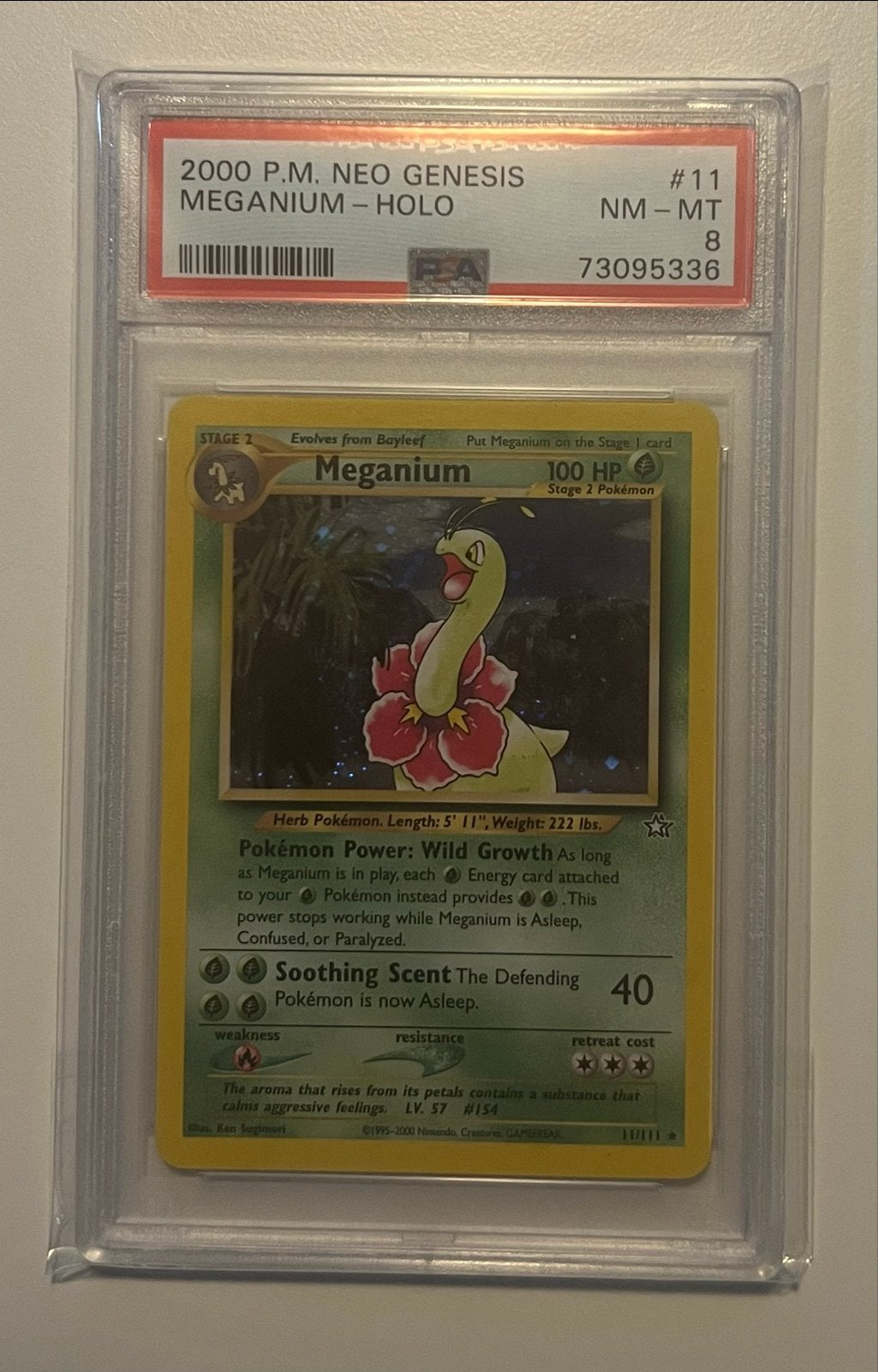 Meganium 11/111 - Neo Genesis - PSA 8, Hobby en Vrije tijd, Verzamelkaartspellen | Pokémon, Ophalen of Verzenden, Zo goed als nieuw