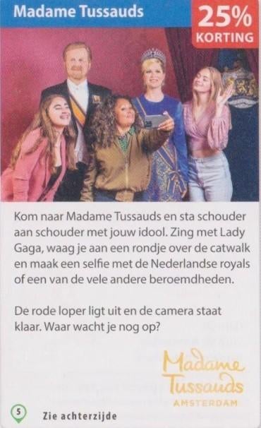 Madame Tussauds Amsterdam 25% kortingsbon, Tickets en Kaartjes, Drie personen of meer, Kortingskaart