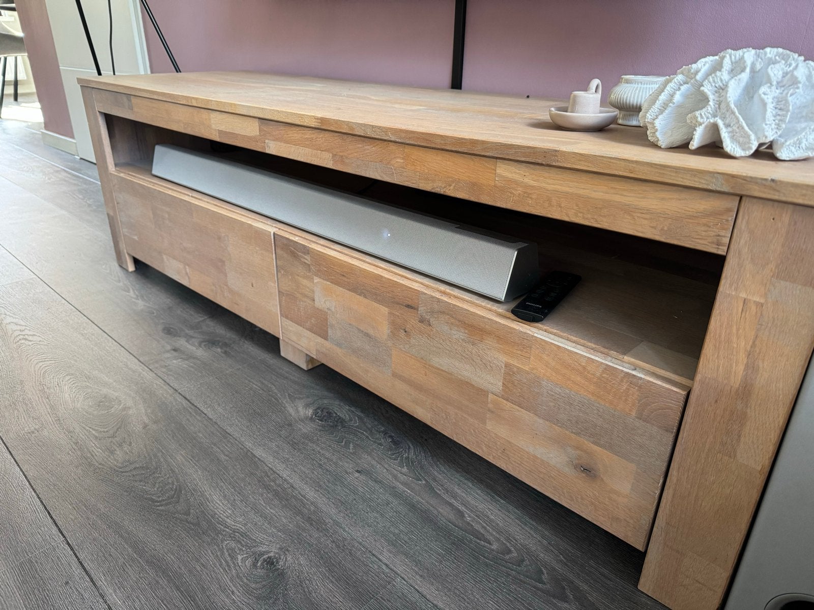 Houten tv-meubel met 2 lades, Huis en Inrichting, Kasten | Televisiemeubels, Gebruikt, Minder dan 100 cm, 100 tot 150 cm, 25 tot 50 cm