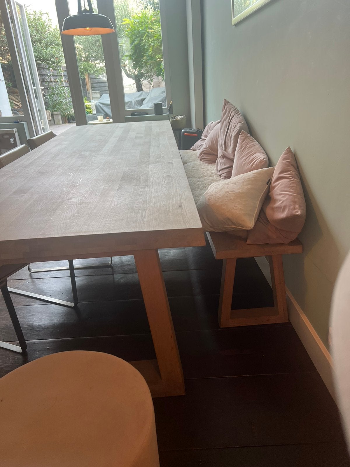 Remy Meijers Design Eiken Eettafel met Bank en Stoelen, Ophalen, Gebruikt, 100 tot 150 cm, Eikenhout