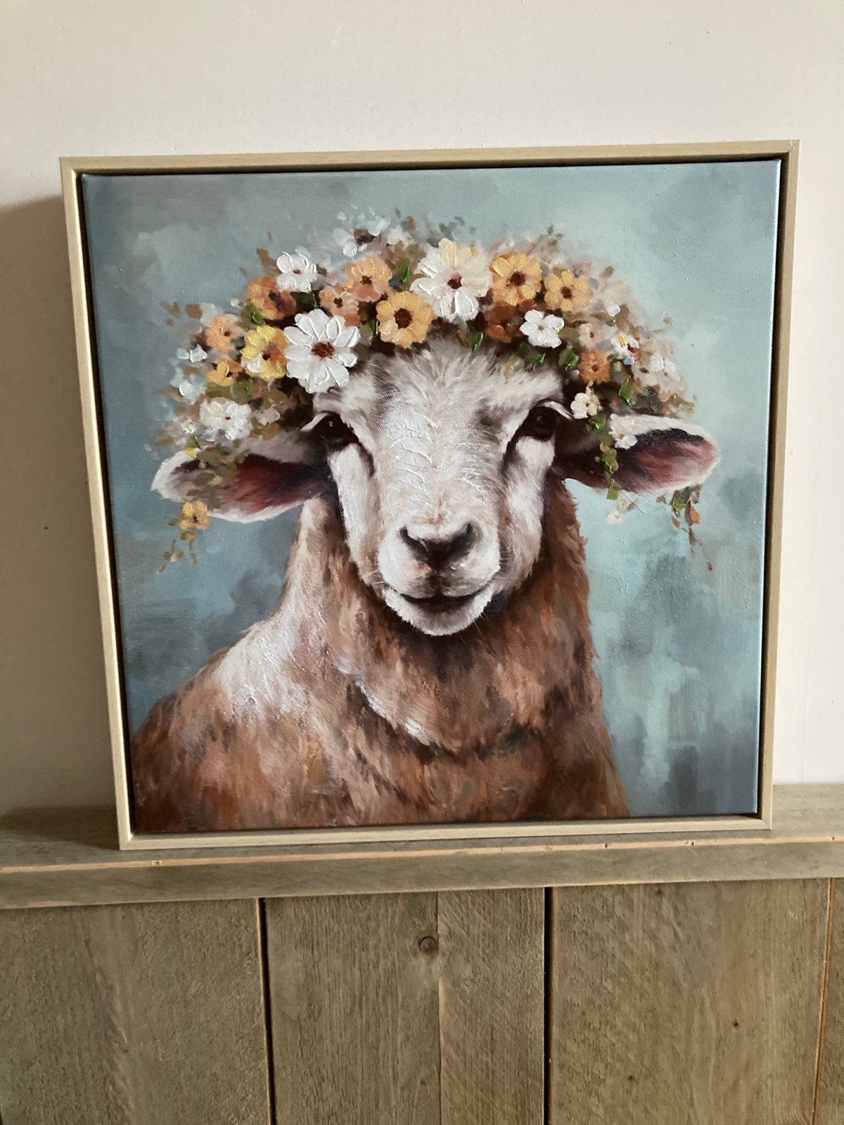 *Handgeschilderd canvas schilderij met schaap en bloemen*, Minder dan 50 cm, Ophalen of Verzenden, Zo goed als nieuw, Schilderij