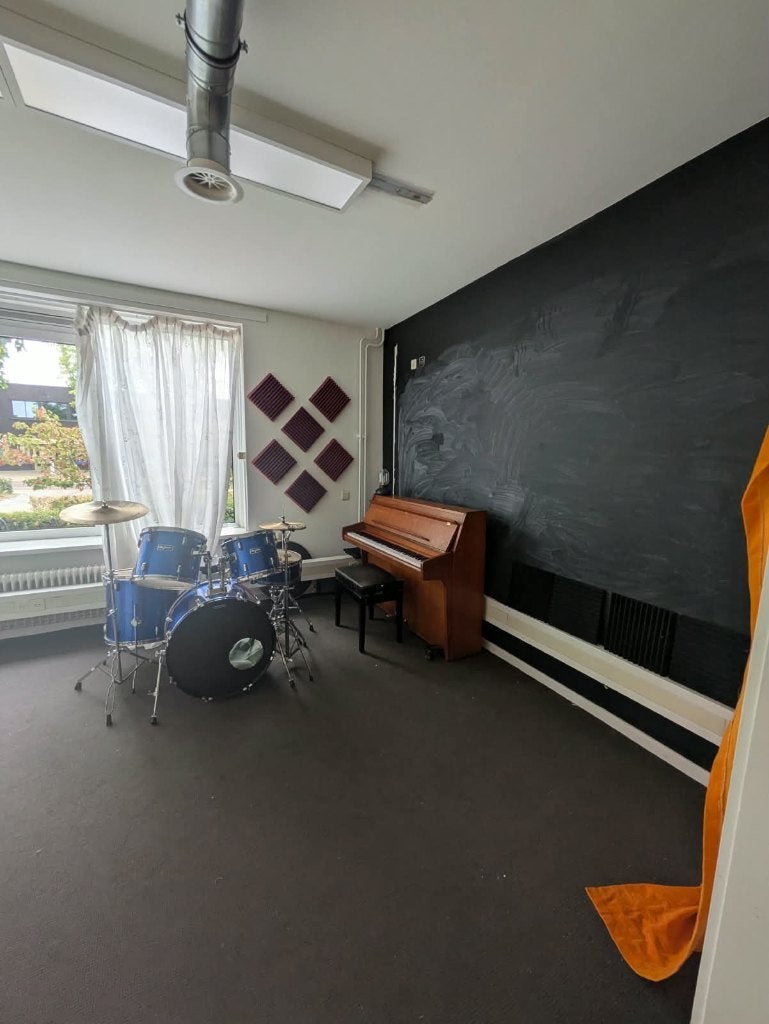 Blauwe drumstel met bekkens en drumstokken, Ophalen, Gebruikt, Overige merken