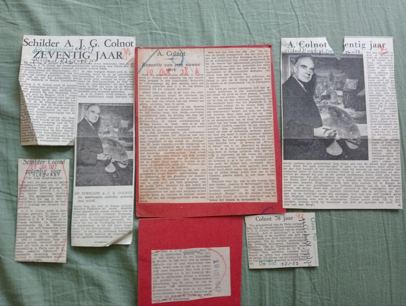 5x Krantenknipsels A.J.G. Colnot (1957), Ophalen of Verzenden, 1940 tot 1960, Nederland, Knipsel(s)