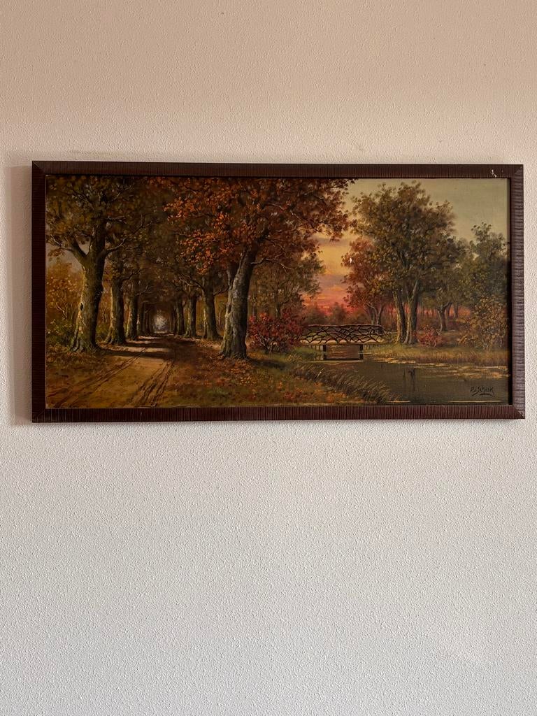 Schilderij Herfstlandschap met Bomenlaan en Brug, Ophalen
