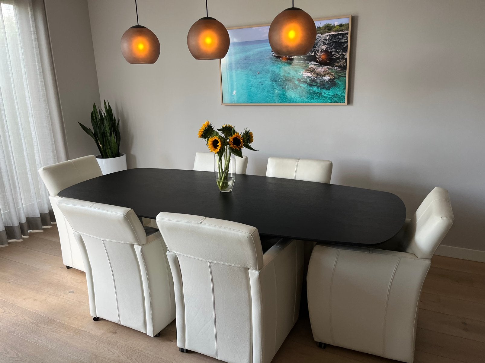 6 Lederen eetkamerstoelen wit / creme kleur, Huis en Inrichting, Stoelen, Ophalen, Wit, Leer, Zo goed als nieuw