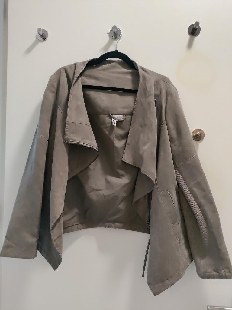 Coat Jacket H&M grey khaki suedette size 46, XXL, Ophalen of Verzenden, Zo goed als nieuw, Maat 46/48 (XL) of groter, Grijs