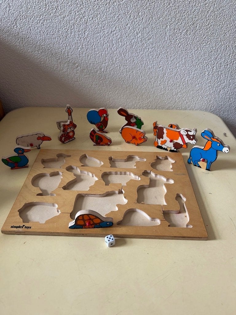 Houten vintage Simplex puzzel boerderij met noppen, Gebruikt, Niet beschikbaar, Ophalen of Verzenden, Simplex Toys (geproduceerd in Aalst, Nederland)