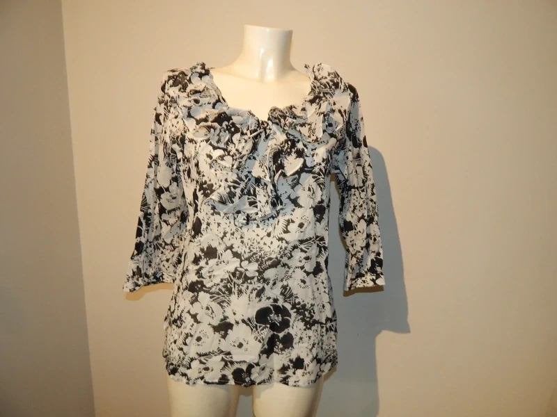 Ralph Lauren blouse top zwart wit ruffels halslijn mt L, Maat 42/44 (L), Zo goed als nieuw, Lange mouw, Ralph Lauren