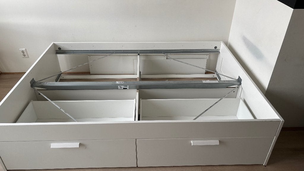 IKEA BRIMNES bedframe en lattenbodem 140x200 - 4 opberglades, Ophalen, Wit, Tweepersoons, 140 cm