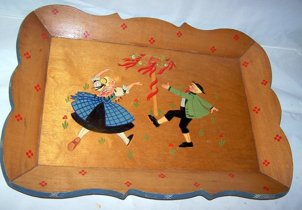 Vintage houten dienblad met figuren dansend rond een meiboom, Ophalen of Verzenden